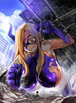 10s 1boy 1girl 774_(nanashi) all_fours arm_up bad_id bad_pixiv_id blonde_hair blood blue_sky bodysuit boku_no_hero_academia breasts building child city day debris destruction domino_mask eye_mask giant giantess gloves grin hanging_breasts happy highres horns huge_breasts injury large_breasts long_hair looking_at_another looking_down looking_up mask mount_lady one_eye_closed outdoors parted_lips protecting purple_eyes purple_gloves rubble scrape shirt short_hair sitting size_difference sky smile smoke spandex spread_legs superhero_costume teeth thighhighs torn_bodysuit torn_clothes