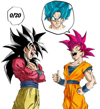 bare_shoulders blue_eyes blue_sash closed_mouth dragon_ball dragon_ball_gt dragon_ball_super long_hair male_focus monkey_boy muscular muscular_male no_nipples orange_pants pants pectorals red_fur saiyan sash shirt simple_background smile son_goku spiked_hair super_saiyan super_saiyan_4 super_saiyan_blue super_saiyan_god white_background xelyus