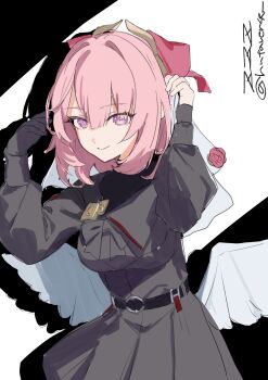 1girl absurdres angel_wings belt black_gloves black_uniform breasts falkenhayn_mercenary_leader_(zenless_zone_zero) gloves hair_between_eyes hair_ornament hand_up hashtag-only_commentary highres large_breasts looking_at_viewer pink_hair pointy_ears purple_eyes roena short_hair single_glove smile twitter_username two-tone_background veil white_veil wings zenless_zone_zero