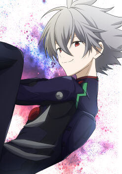 1boy absurdres adam&#039;s_apple bodysuit chiyu_(bokunopiko) closed_mouth commentary_request from_side grey_hair hair_behind_ear hair_between_eyes highres looking_at_viewer male_focus mecha_pilot_suit nagisa_kaworu neon_genesis_evangelion plugsuit_(evangelion) red_eyes short_hair smile solo
