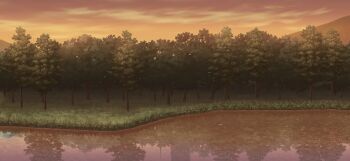 cloud forest game_cg lake nature no_humans non-web_source official_art orange_sky outdoors reflection reflective_liquid scenery sky touhou touhou_gensou_eclipse tree twilight