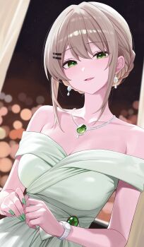 1girl absurdres bare_shoulders blurry bokeh braid breasts brown_hair cleavage collarbone depth_of_field dress earrings green_dress green_eyes green_nails hair_ornament hairclip highres jewelry large_breasts looking_at_viewer medium_hair nail_polish necklace open_mouth sei_(0724sei6) sidelocks smile solo strapless strapless_dress upper_body viichan virtual_youtuber waktaverse watch wristwatch