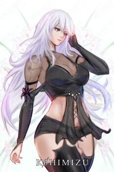 1girl a2_(nier:automata) android artist_name breasts bridal_gauntlets closed_mouth commentary curvy english_commentary expressionless eyelashes floating_hair highres k0himizu large_breasts looking_ahead nier:automata nier_(series) nier_reincarnation official_alternate_costume pink_lips solo standing white_hair