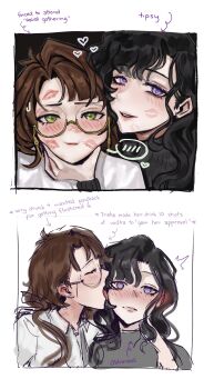 2girls absurdres arm_around_neck black_hair blush brown_hair closed_eyes collared_shirt commentary contemporary drunk ear_blush english_commentary english_text glasses green_eyes grey_shirt highres isolde_(reverse:1999) kakania_(reverse:1999) licking licking_another&#039;s_face lipstick_mark lipstick_mark_on_face long_hair multiple_girls noriiikonbu purple_eyes reverse:1999 shirt spoken_blush white_shirt yuri
