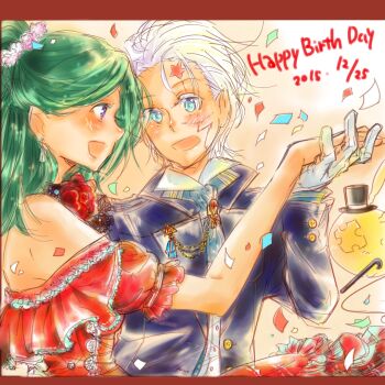 Rule 34 | 1boy, 1girl, abstract background, allen walker, bare shoulders, black hat, blue coat, blue eyes, blue shirt, blush, border, cane, chain, coat, collared coat, collared dress, collared shirt, colored eyelashes, commentary request, confetti, creature, cross, d.gray-man, dancing, dress, earrings, english text, facial mark, facing another, floating earrings, flower, forehead mark, frilled dress, frills, gloves, gold chain, golem (d.gray-man), green hair, hair flower, hair ornament, hair slicked back, half updo, happy birthday, hat, holding, holding cane, holding hands, jewelry, kozuuu, layered shirt, lenalee lee, lips, long dress, long hair, long sleeves, looking at another, mini hat, open mouth, pink flower, pink lips, profile, purple eyes, red border, red dress, red flower, scar, scar across eye, scar on face, shirt, short hair, single bare shoulder, single earring, single glove, smile, star (symbol), star facial mark, strapless, strapless dress, striped clothes, striped shirt, tail, timcanpy, white background, white gloves, white hair, white shirt, wings, yellow background