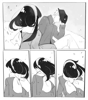 1boy 1girl absurdres adjusting_clothes adjusting_headwear black_hair black_hat border coat commentary earrings fedora findoworld grass greyscale hairband hand_on_headwear hat highres jewelry long_hair looking_at_another monochrome outdoors scarf short_hair sitting smile spy_x_family symbol-only_commentary twilight_(spy_x_family) white_border white_hairband white_scarf yor_briar