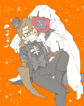 Rule 34 | 1boy, 1other, absurdres, alternate costume, arm support, arthropod limbs, bat brooch, beard stubble, black-framed eyewear, black-framed glasses, black boots, black bow, black gloves, black hat, black jacket, black pants, black shirt, black shoes, black suit, black vest, blush, boots, bow, brown eyes, brown hair, cloak, clock, closed mouth, collared shirt, dante (limbus company), exposed bone, expressionless, facial hair, fire, formal clothes, full body, ghost, ghost costume, glasses, gloves, gregor (project moon), half-closed eyes, halloween, halloween costume, happy halloween, hat, highres, jack-o'-lantern, jacket, jitome, knee up, lapels, lily26983455, limbus company, long hair, long sleeves, looking at another, looking to the side, low ponytail, male focus, mini hat, mini top hat, necktie, notched lapels, object head, one eye closed, orange background, pants, parted bangs, ponytail, project moon, pumpkin, red necktie, rib cage, ribs, sanpaku, scar, scar on face, scar on forehead, semi-rimless eyewear, shirt, shoes, sideways glance, simple background, sitting, sleeves rolled up, star (symbol), stitches, stubble, suit, sweat, sweatdrop, top hat, torn cloak, torn clothes, trick or treat, under-rim eyewear, vest, yellow fire