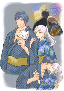 1boy 1girl alternate_costume arm_at_side blue_eyes blue_hair blue_kimono breasts chrom_(fire_emblem) closed_eyes couple curled_fingers eyelashes eyes_of_grima female_robin_(fire_emblem) festival fingernails fire_emblem fire_emblem_awakening fireworks floral_print fox_mask french_kiss from_behind from_side grey_background hand_tattoo hand_up happy height_difference highres holding_another&#039;s_arm holding_hands intelligent_systems japanese_clothes kimono kiss leaning_on_person long_hair long_sleeves mask matching_hair/eyes medium_breasts moverabbit0305 neck nintendo obi parted_lips print_kimono print_yukata profile sash short_hair sidelocks smile standing swept_bangs tattoo toned toned_male twintails unworn_mask upper_body white_hair wide_sleeves yellow_eyes yukata