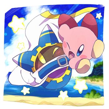 Rule 34 | blue eyes, blue sky, blush, blush stickers, border, cape, commentary request, falling, full body, kirby, kirby (series), magolor, nintendo, no humans, one eye closed, open mouth, roku (rokkrn), sky, star (symbol), white border, white cape