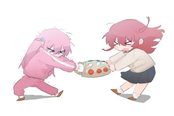 >_< 2girls bag black_skirt blush bocchi_the_rock! brown_footwear chibi commentary_request cube_hair_ornament d: double-parted_bangs full_body gotoh_hitori grey_jacket hair_between_eyes hair_ornament jacket kita_ikuyo long_hair long_sleeves loose_socks multiple_girls one_side_up open_mouth pants pink_hair pink_jacket pink_pants pleated_skirt pulling raven_(099stardive) red_hair school_uniform shirt shuka_high_school_uniform simple_background skirt socks track_jacket tug white_background white_shirt white_socks