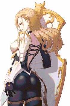 1girl animated animated_gif armor artist_request ass ass_grab ass_support blonde_hair blush bodysuit breasts from_behind gloves jiggle kisara_(tales) long_hair looking_at_viewer looking_back looking_down shield shiny_clothes sideboob skin_tight smile solo tales_of_(series) tales_of_arise yellow_eyes