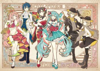 2020 2boys 39culture 4girls aiguillette akakura alternate_costume anklet aqua_eyes aqua_hair aqua_kimono arabian_clothes arm_at_side arm_cuffs ascot belly_chain belt black_belt black_gloves black_pants black_skirt black_vest blonde_hair blue_eyes blue_footwear blue_hair blue_vest boots bow bracelet braid breasts brooch brown_background brown_hair brown_outline camellia cape capelet china_dress chinese_clothes chinese_knot cleavage cleavage_cutout closed_mouth clothing_cutout coat commentary_request contrapposto copyright_notice cowboy cowboy_western crossed_arms crossed_legs detached_collar detached_sleeves doily drawstring dress dress_shirt earrings facepaint feather_hair_ornament feathers fingerless_gloves fingernails floral_print flower folding_fan frilled_bow frills full_body gem gloves gold_earrings gold_trim gradient_feathers green_feathers green_gemstone grey_poncho grey_shirt grin gun hair_between_eyes hair_bobbles hair_flower hair_ornament hairclip hand_fan hand_on_own_chest hand_on_own_chin hand_on_own_hip hand_up handgun hatsune_miku headpiece high_collar high_heels highres holding holding_fan holster hoop_earrings japanese_clothes jewelry kagamine_len kagamine_rin kaito_(vocaloid) kimono knee_boots lace lace-trimmed_shawl lace_gloves lace_trim lapel_pin lapels large_breasts leaf_print letter_earrings letter_hair_ornament light_smile long_braid long_hair megurine_luka meiko_(vocaloid) midriff multiple_boys multiple_girls navel neckerchief number_tattoo official_art okobo one_eye_closed origami outline pants paper_crane picture_frame pink_hair platform_footwear platform_sandals pleated_skirt poncho ponytail pumps red_feathers red_footwear red_nails red_shawl revolver ribbon_print sandals shawl sheriff_badge shirt short_hair short_kimono short_ponytail shoulder_tattoo side_slit sidelocks single_braid single_thighhigh skirt smile standing standing_on_one_leg strapless strapless_kimono striped_bow striped_clothes striped_kimono striped_pants striped_thighhighs striped_vest stroking_own_chin stud_earrings swept_bangs tabi tassel tassel_hair_ornament tattoo thigh_holster thighhighs thighlet toenails toggles twintails two-sided_cape two-sided_coat two-sided_fabric two-sided_skirt vertical-striped_bow vertical-striped_clothes vertical-striped_kimono vertical-striped_pants vertical-striped_thighhighs vertical-striped_vest very_long_hair very_short_hair vest victorian vocaloid waist_bow waist_cape weapon western white_ascot white_capelet white_coat white_gloves white_pants white_shirt wide_sleeves yellow_feathers yellow_nails yellow_neckerchief