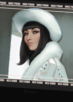 Rule 34 | 1girl, 2025, artist name, black hair, blue eyes, blunt bangs, character name, closed mouth, coat, commentary, cowboy hat, cyrillic, derivative work, djcomps, english commentary, fur-trimmed coat, fur trim, hat, highres, long hair, looking at viewer, nico robin, nico robin (alabasta), one piece, one piece (live action), photo-referenced, portrait, screenshot redraw, smile, solo, upper body, white coat, white hat