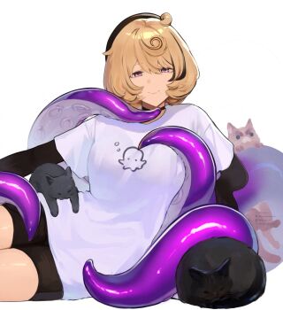 Rule 34 | 1girl, alternate costume, beret, black cat, black choker, black hat, black shorts, blonde hair, breasts, cat, choker, closed mouth, commentary, cowboy shot, cowlick, english commentary, grey cat, hair between eyes, hat, highres, large breasts, layered sleeves, lilac alien, long sleeves, looking at viewer, mole, mole under mouth, multiple cats, print shirt, purple eyes, shirt, short hair, short over long sleeves, short sleeves, shorts, simple background, sitting, smile, squid print, suction cups, t-shirt, tentacle girl, tentacle tail, white background, white shirt, yidhari murphy, yokozuwari, zenless zone zero