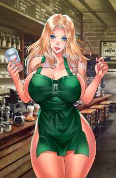 Rule 34 | 1girl, apron, areola slip, bar (place), barista, blue eyeshadow, breasts, commentary, cowboy shot, cup, curvy, disposable cup, english commentary, eyeshadow, green apron, hands up, highres, holding, holding cup, holding pen, huge breasts, iced latte with breast milk (meme), indoors, lena dai, lips, long hair, looking at viewer, makeup, meme, naked apron, nose, original, parted hair, parted lips, pen, smile, solo, starbucks, thighs