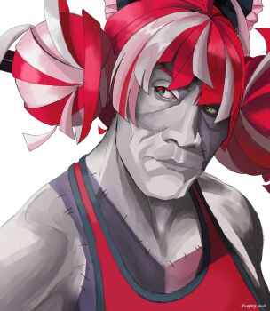 alma_(crippling_mark) black_bow bow colored_skin double_bun fusion grey_hair grey_skin hair_bow hair_bun heterochromia highres hololive hololive_indonesia kureiji_ollie looking_to_the_side meme muscular muscular_female pink_hair portrait real_life red_eyes red_tank_top solo tank_top the_rock's_eyebrow_raise_(meme) the_rock_(dwayne_johnson) vine_boom_(meme) virtual_youtuber white_background yellow_eyes zombie