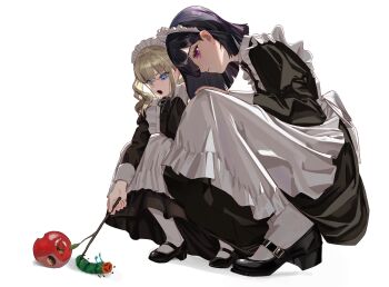 2girls animal apple apron back_bow bitten_apple black_dress black_hair black_shoes blonde_hair blue_eyes bow bug caterpillar character_request copyright_request dress food food_bite fruit highres holding holding_stick looking_at_animal maid maid_apron maid_headdress mary_janes multiple_girls open_mouth pink_eyes poking sawatani_(_swt2) shoes short_hair simple_background socks squatting stick the_very_hungry_caterpillar the_very_hungry_caterpillar_(character) twintails white_apron white_background white_socks