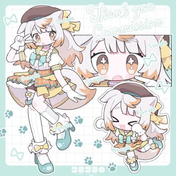 Rule 34 | > <, 1girl, :3, :d, asymmetrical legwear, blue border, blue bow, blue bowtie, blue shoes, blunt bangs, blush stickers, border, bow, bow legwear, bowtie, brown eyes, chibi, closed eyes, commentary request, commission, full body, gloves, green sailor collar, hair bow, hand up, indie virtual youtuber, inuinui (vtuber), koru koruno, long hair, looking at viewer, multicolored hair, multiple views, open mouth, orange hair, outline, outside border, sailor collar, sample watermark, shirt, shoes, short sleeves, single sock, single thighhigh, skeb commission, skirt, smile, socks, standing, standing on one leg, thank you, thighhighs, two-tone hair, uneven legwear, v, virtual youtuber, watermark, white background, white gloves, white hair, white outline, white shirt, white socks, white thighhighs, x3, xd, yellow bow, yellow eyes, yellow skirt