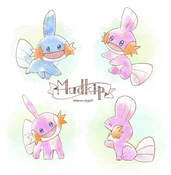 alternate_color blue_eyes bright_pupils character_name commentary_request full_body gen_3_pokemon mudkip nako_(nekono_shippo75) nintendo no_humans open_mouth pokemon pokemon_(creature) shiny_pokemon twitter_username walking white_pupils