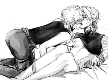 2girls arm_tattoo bare_arms blush chinese_commentary cinnabar_(path_to_nowhere) clothes_lift commentary_request ear_blush grabbing_another&#039;s_breast greyscale groping highres kiss kneeling lxychristina medium_hair monochrome multiple_girls panties pants panty_pull path_to_nowhere reclining shirt shirt_lift sleeveless sleeveless_shirt tattoo toned toned_female underwear yuri zoya_(path_to_nowhere)