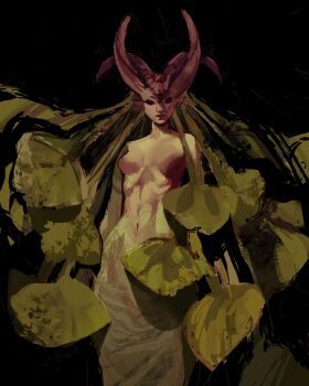 1girl absurdres arm_behind_back black_background black_sclera colored_extremities colored_sclera commentary english_commentary facing_viewer highres horns looking_at_viewer mermaid monster_girl nude original painterly plant_hair pointy_ears simple_background solo twulfs