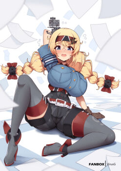 1girl armband black_shorts blonde_hair blue_armband blue_eyes blue_shirt blush braid breast_pocket breasts chain_belt commission grey_thighhighs headgear huge_breasts kantai_collection long_hair low_twin_braids nose_blush original personification pocket rudder_footwear shirt short_shorts shorts solo thighhighs twin_braids uss_bismarck_sea_(cve-95) very_long_hair virus-g