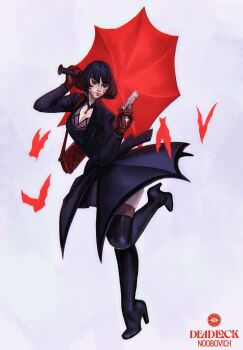 Rule 34 | 1girl, absurdres, bag, bat (animal), black boots, black hair, bob cut, boots, breasts, character name, choker, cleavage, cleavage cutout, clothing cutout, deadlock (game), foot up heel up, full body, gloves, gun, handbag, heart cutout, high collar, high heel boots, high heels, highres, holding, holding gun, holding umbrella, holding weapon, ibrahem swaid, jacket, leg up, long sleeves, looking at viewer, mina (deadlock), red-eye effect, red bag, red gloves, red umbrella, short hair, signature, standing, standing on one leg, thigh boots, thighs, umbrella, vampire, weapon, white background
