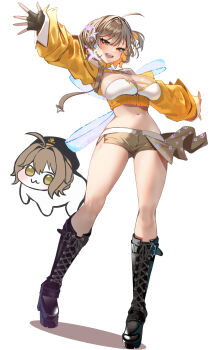 1girl absurdres anis_(nikke) black_boots boots breasts dorothy_(nikke) goddess_of_victory:_nikke highres idol idol_clothes momdy_(talesshinja) navel official_alternate_costume official_alternate_design plump simple_background solo white_background