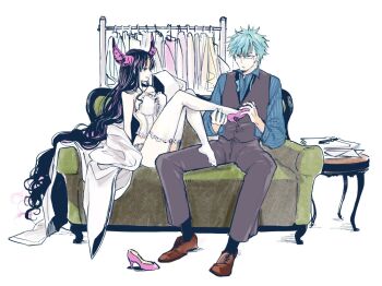 1boy 1girl absurdly_long_hair blue_hair bow bowtie breasts collared_shirt corset couch eyewear_strap fate/grand_order fate_(series) garter_straps glasses hans_christian_andersen_(adult)_(fate) hans_christian_andersen_(fate) high_heels large_breasts limb_sticking_out loafers long_hair loose_bowtie nobicco on_couch pants paper_stack pink_shoes removing_shoes sessyoin_kiara sessyoin_kiara_(heaven&#039;s_hole) sessyoin_kiara_(swimsuit_mooncancer)_(third_ascension) shirt shoes short_hair striped_clothes striped_shirt thighhighs trying_on_clothes very_long_hair vest waistcoat white_corset white_garter_straps white_thighhighs