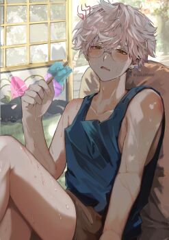 1boy @_@ blue_tank_top blush commentary_request day ear_piercing food glasses half-closed_eyes highres holding holding_food holding_popsicle hot looking_at_viewer male_focus melting_popsicle open_mouth orange_eyes original piercing pink_hair popsicle sahi00000 short_hair sitting solo sweat tank_top very_sweaty