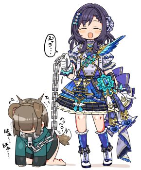 1boy 1girl aiba_uiha aiba_uiha_(1st_costume) animal_ears artist_self-insert black_hair bow braid brown_hair chain chain_leash closed_eyes collar commentary_request dog_ears dog_tail dress fake_animal_ears fake_tail frilled_dress frills gloves green_jacket hair_bow jacket kanikama kanikama_(character) leash medium_dress mole mole_under_eye nijisanji original pet_play tail translation_request virtual_youtuber white_gloves