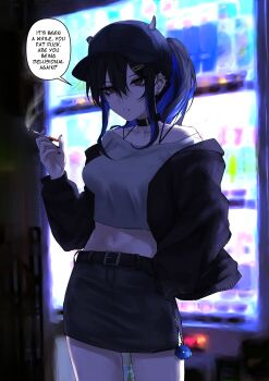 Rule 34 | 1girl, absurdres, baseball cap, black choker, black hair, black hat, black jacket, black skirt, blue hair, character charm, charm (object), choker, cigarette, colored inner hair, commentary, crop top, english commentary, grey shirt, hat, highres, holding, holding cigarette, hololive, hololive english, jacket, jailbird (nerissa ravencroft), kizuru09, miniskirt, multicolored hair, navel, nerissa ravencroft, profanity, red eyes, shirt, skirt, smoke, solo, speech bubble, vending machine, virtual youtuber