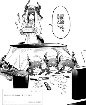 absurdres bag_of_chips controller cooking_pot dragon_horns dragon_tail elizabeth_bathory_(avenger)_(fate) fate/grand_order fate_(series) food fruit highres horns king_eliza kotatsu lying mandarin_orange mor_(morfowfow) oven_mitts pointy_ears remote_control request_inset sigh table tail trash_can under_kotatsu under_table veil watching_television