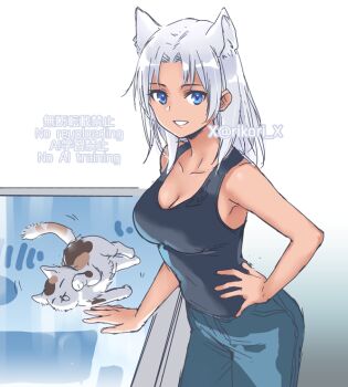 1girl alternate_costume animal_ear_fluff artist_name black_shirt blue_eyes blue_pants breasts cat cleavage collarbone commentary_request curtained_hair denim elma_(xenoblade_x) gradient_background grey_hair hand_on_own_hip jeans kemonomimi_mode large_breasts long_hair looking_at_viewer mizuki_riko pants shirt sleeveless sleeveless_shirt smile solo standing twitter_username watermark xenoblade_chronicles_(series) xenoblade_chronicles_x