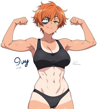1girl :3 abs absurdres armpits arms_up artist_name black_panties black_sports_bra breasts cameltoe character_name clenched_hands commentary commission cowboy_shot double_biceps_pose english_commentary eyepatch flexing green_eyes highres ivy_(wafflemann115) large_breasts muscular muscular_female nalathorm navel orange_hair original panties short_hair simple_background solo sports_bra tan tanline tomboy twitter_username underwear underwear_only white_background