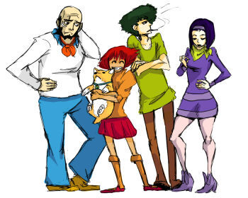 2girls beard blue_pants brown_pants cartoon_network closed_eyes cosplay cowboy_bebop daphne_blake daphne_blake_(cosplay) dibale edward_wong_hau_pepelu_tivrusky_iv ein_(cowboy_bebop) facial_hair faye_valentine fred_jones fred_jones_(cosplay) jet_black multiple_girls pants pantyhose purple_hair scar scar_across_eye scar_on_face scooby-doo scooby-doo_(character) scooby-doo_(character)_(cosplay) shaggy_rogers shaggy_rogers_(cosplay) smoking spike_spiegel tagme velma_dinkley velma_dinkley_(cosplay)
