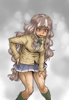 1girl absurdres aged_up aging body_modification breasts brown_hair digimon digimon_ghost_game green_hair highres long_hair looking_to_the_side medium_breasts miniskirt old pink_eyes shiny_skin skirt solo standing surprised sweat tobato_the_dog tobatoinu trembling tsukiyono_ruli very_long_hair what wide_hips