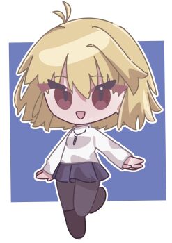 1girl :d ahoge arcueid_brunestud blonde_hair blue_skirt boots brown_boots chibi chibi_only hair_intakes hashtag-only_commentary highres jewelry kaminorei_x miniskirt necklace open_mouth pantyhose red_eyes short_hair skirt smile standing standing_on_one_leg sweater tsukihime tsukihime_(remake) turtleneck turtleneck_sweater