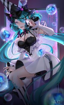 1girl aji_(a.ki) argyle_clothes argyle_thighhighs artist_name asymmetrical_legwear black_bow black_bowtie black_hat black_nails blue_hair blue_scales bow bowtie breasts chinese_commentary commentary covered_navel cube detached_sleeves dress eyeliner fang feet_out_of_frame fingernails flask floating floating_object from_side garter_belt grey_eyes hair_bow hair_over_one_eye hand_up hat highres holding holding_flask jewelry kneehighs linea_alba long_hair looking_at_viewer looking_to_the_side low_twintails makeup medium_breasts mismatched_legwear multiple_rings nail_polish one_eye_covered parted_lips party_hat path_to_nowhere pointy_ears potion purple_eyeliner red_lips ring screen serpent_(path_to_nowhere) sharp_fingernails silver_ring slit_pupils socks solo stain static striped_clothes striped_socks thighhighs twintails two-tone_hat vertical-striped_clothes vertical-striped_socks very_long_hair white_dress white_hat white_sleeves white_socks white_thighhighs