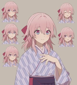 1girl alternate_costume blue_eyes closed_mouth commentary_request grey_background hair_between_eyes hand_on_own_chest hand_up honkai:_star_rail honkai_(series) japanese_clothes kimono march_7th_(honkai:_star_rail) medium_hair multicolored_eyes multiple_expressions multiple_views obi open_mouth pink_eyes pink_hair sash shirt simple_background smile two-tone_eyes umoumohl yagasuri
