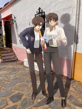 2boys absurdres ahoge axis_powers_hetalia belt black_belt black_pants black_shoes blue_jacket blue_sky blush brown_eyes brown_hair brown_pants brown_shoes closed_mouth collarbone collared_shirt commentary_request day full_body fur-trimmed_jacket fur_trim green_eyes hair_between_eyes hand_on_own_hip hands_up harutoro_39487 highres holding holding_map house jacket long_sleeves looking_at_object looking_down male_focus map multiple_boys open_clothes open_jacket open_mouth outdoors pants photo_background puffy_long_sleeves puffy_sleeves reading shadow shirt shoes short_hair sky southern_italy_(hetalia) spain_(hetalia) standing t-shirt tan teeth tongue white_shirt