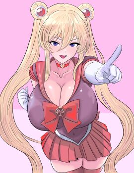 Rule 34 | 1girl, absurdres, alternate costume, azur lane, bishoujo senshi sailor moon, bismarck (azur lane), breasts, choker, cleavage, collarbone, cowboy shot, gloves, hair between eyes, heart, heart choker, highres, huge breasts, kagutaba 316, miniskirt, mixed-language commentary, open mouth, pink background, pleated skirt, pointing, pointing at viewer, purple eyes, red choker, red skirt, red thighhighs, sailor moon (cosplay), simple background, skirt, solo, teeth, thighhighs, twintails, upper teeth only, white gloves, zettai ryouiki
