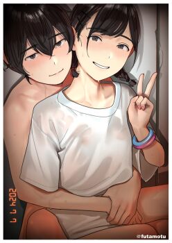 1boy 1girl absurdres artist_name black_eyes black_hair blush border bracelet braid braided_twintails breasts collarbone commentary_request dated futamotu grin highres hug hug_from_behind jewelry looking_at_viewer low_twin_braids medium_hair nipples original parted_lips pink_nails see-through_clothes shirt sitting small_breasts smile sweat twin_braids twintails v wet wet_clothes wet_shirt white_border white_shirt