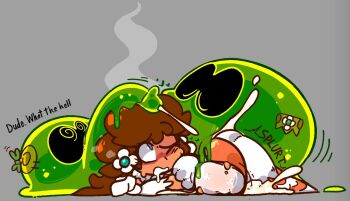 1girl 2others blush brown_hair clothed_sex cum cum_in_pussy ear_piercing earrings flower_earrings grey_background group_sex huge_penis jewelry long_hair looking_at_viewer lying mario_(series) monster multiple_others nintendo one_eye_closed penis piercing precum princess_daisy prone_bone sex sex_from_behind simple_background slime_(creature) tan threesome