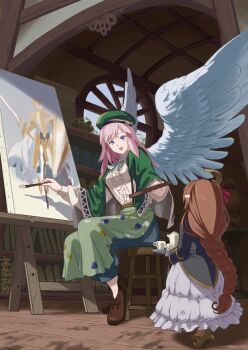 2girls angel angel_wings beret blue_eyes braid dress gabriel_(granblue_fantasy) granblue_fantasy haaselia harvin hat highres holding holding_tray long_hair multiple_girls painting_(action) painting_(object) pink_hair pointy_ears single_braid tray tugeyakumo wings