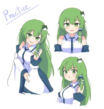 Rule 34 | 1girl, absurdres, blue skirt, blush, commentary request, detached sleeves, frog hair ornament, green eyes, green hair, hair ornament, hair tubes, haya s2, highres, kochiya sanae, long hair, looking at viewer, medium hair, multiple views, open mouth, pout, simple background, single hair tube, skirt, smile, snake hair ornament, touhou, white background