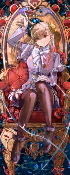 1girl absurdres arm_up black_shoes blonde_hair blue_skirt bow breasts brown_pantyhose capcom_fighting_jam closed_mouth commentary crown english_commentary flower full_body gloves hairpods hand_on_own_knee highres holding_own_hair ingrid_(capcom) large_breasts long_hair long_sleeves looking_at_viewer on_throne pantyhose pleated_skirt red_eyes red_flower red_rose rose shoes sitting skirt smile solo throne white_bow white_gloves yoichi555p