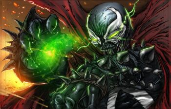 Rule 34 | 1boy, cape, claws, demon, glowing, glowing eyes, green eyes, image comics, image sample, magic, male focus, solo, spawn (comic), spawn (spawn), spikes, superhero costume