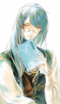 1boy aged_up blue_hair book chinese_clothes earrings eyewear_strap frilled_sleeves frills genshin_impact glasses hair_over_shoulder highres holding holding_book jewelry kkcoocool light_blush light_smile long_hair long_sleeves looking_to_the_side male_focus single_earring solo upper_body white_background xingqiu_(genshin_impact) yellow_eyes