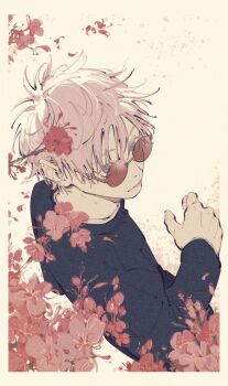 1boy arm_up black_jacket blue_eyes border closed_mouth commentary cowboy_shot flower gojou_satoru highres jacket jujutsu_kaisen long_sleeves looking_ahead male_focus mim_(mimya0600) red-tinted_eyewear red_flower rimless_eyewear round_eyewear short_hair solo tinted_eyewear white_border white_hair